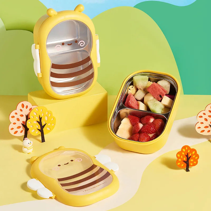 Cute bee-shaped bento lunch box, yellow with hinged top and carry handle