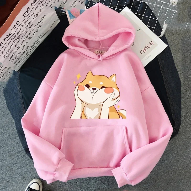 Pink Shiba Inu graphic hoodie with kangaroo pocket and drawstring hood