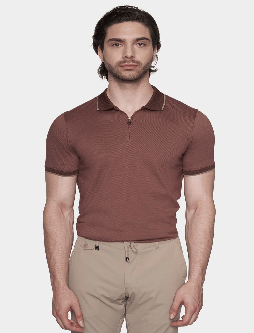 Brick knit cotton polo with ribbed collar, button placket, and short sleeves