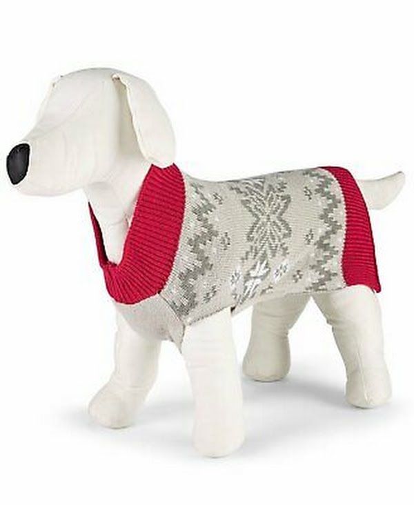 Dog Fair Isle pet sweater, gray patterned body with red neck and sleeves