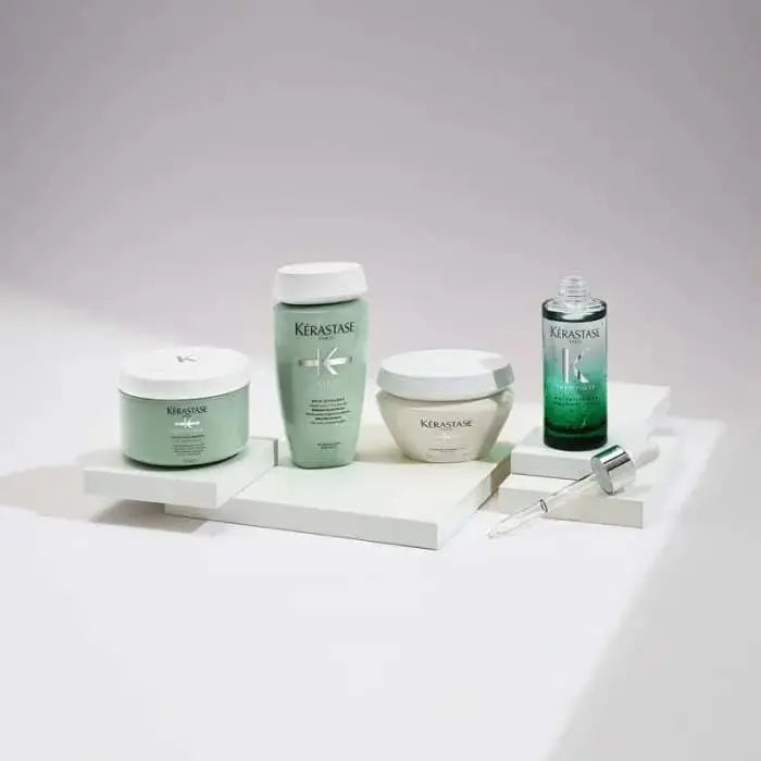 Kerastase Specifique bottle and jars set, mint green containers on shelf