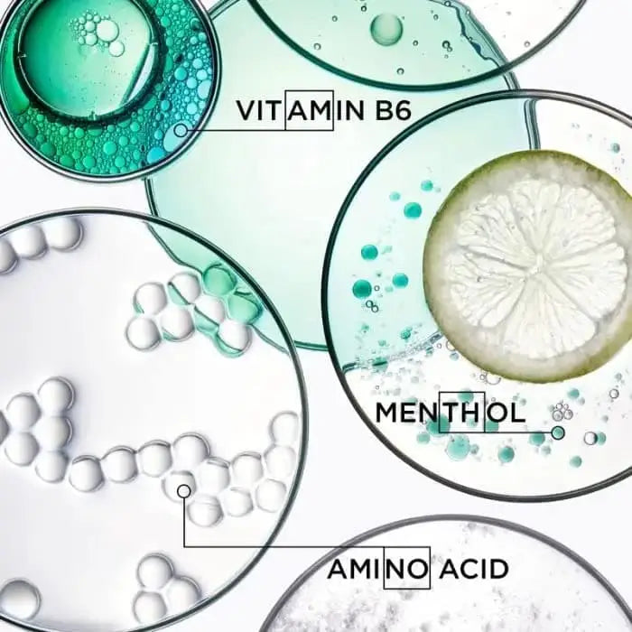 Vitamin B6, menthol, and amino acid ingredient graphic for hair