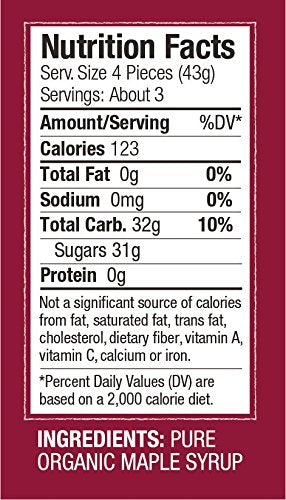 Nutrition facts label for pure maple sugar candy, with calories, fat, sodium, and sugars