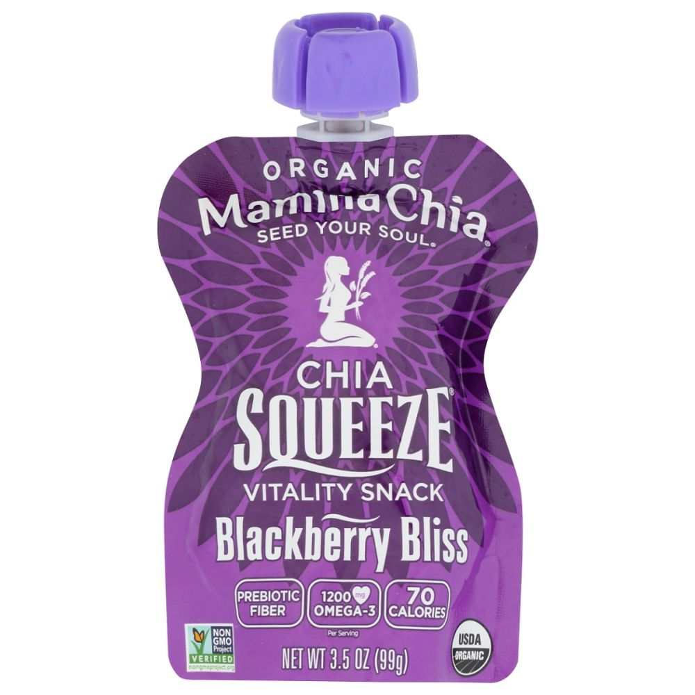 Purple chia squeeze snack pouch with flip-top cap and Blackberry Bliss label