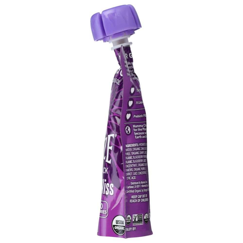 Purple squeezable chia snack pouch with flip-top cap, side label visible