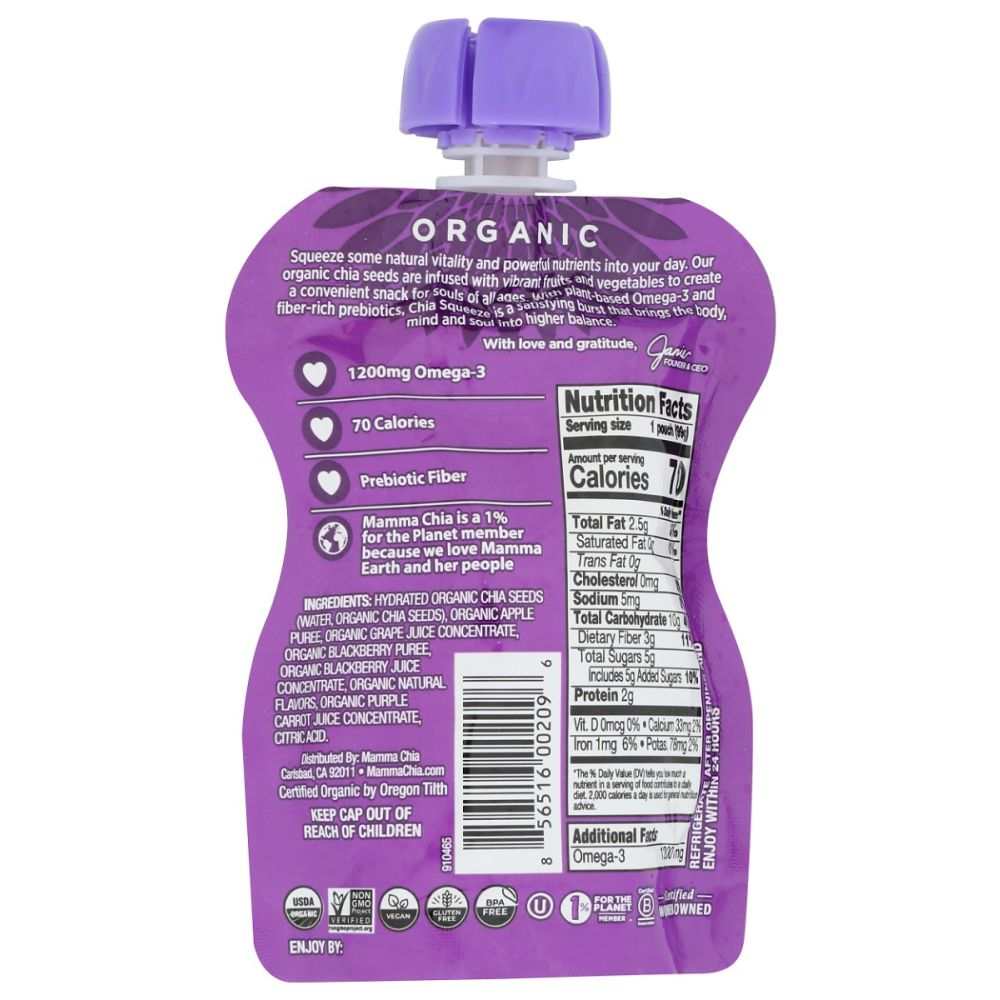 Purple chia squeeze snack pouch back with Nutrition Facts panel and ingredients