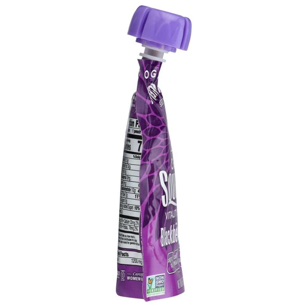 Purple chia squeeze snack pouch side with barcode and nutrition text