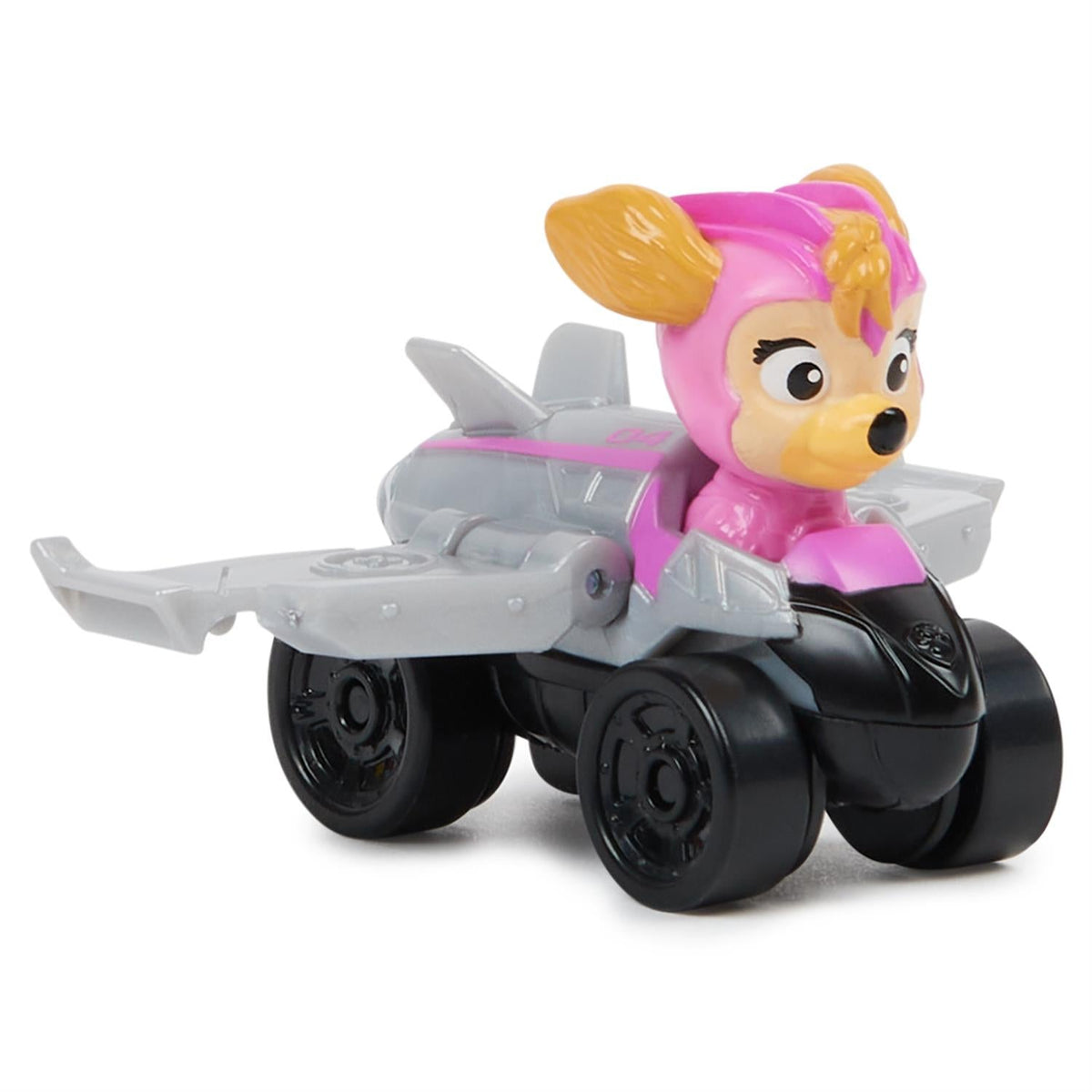 Paw Patrol Skye racing pup vehicle with pink pup in gray, black-wheeled car