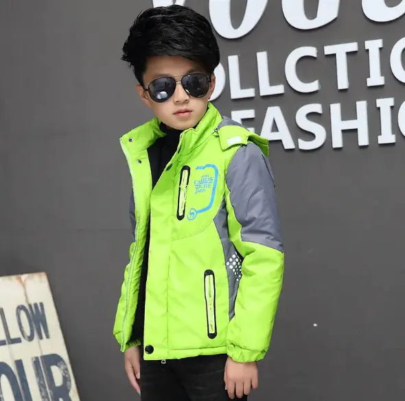 Neon green and gray kids waterproof jacket with hood, front zipper, and pocket details.