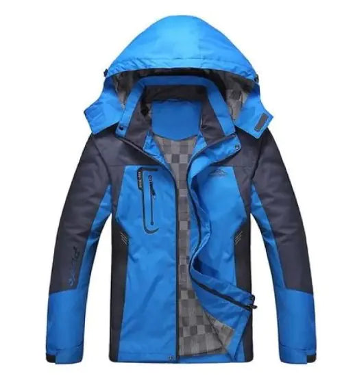 Blue and gray kids rain jacket with hood, front zipper, and side pockets.