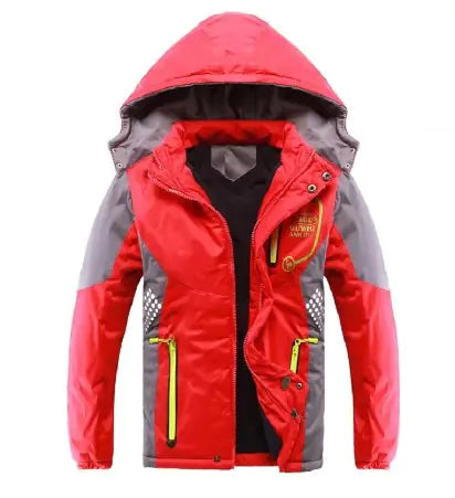 Red and gray hooded rain jacket with storm flap, zipper front, and side pockets.