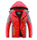 Red and gray hooded rain jacket with storm flap, zipper front, and side pockets.