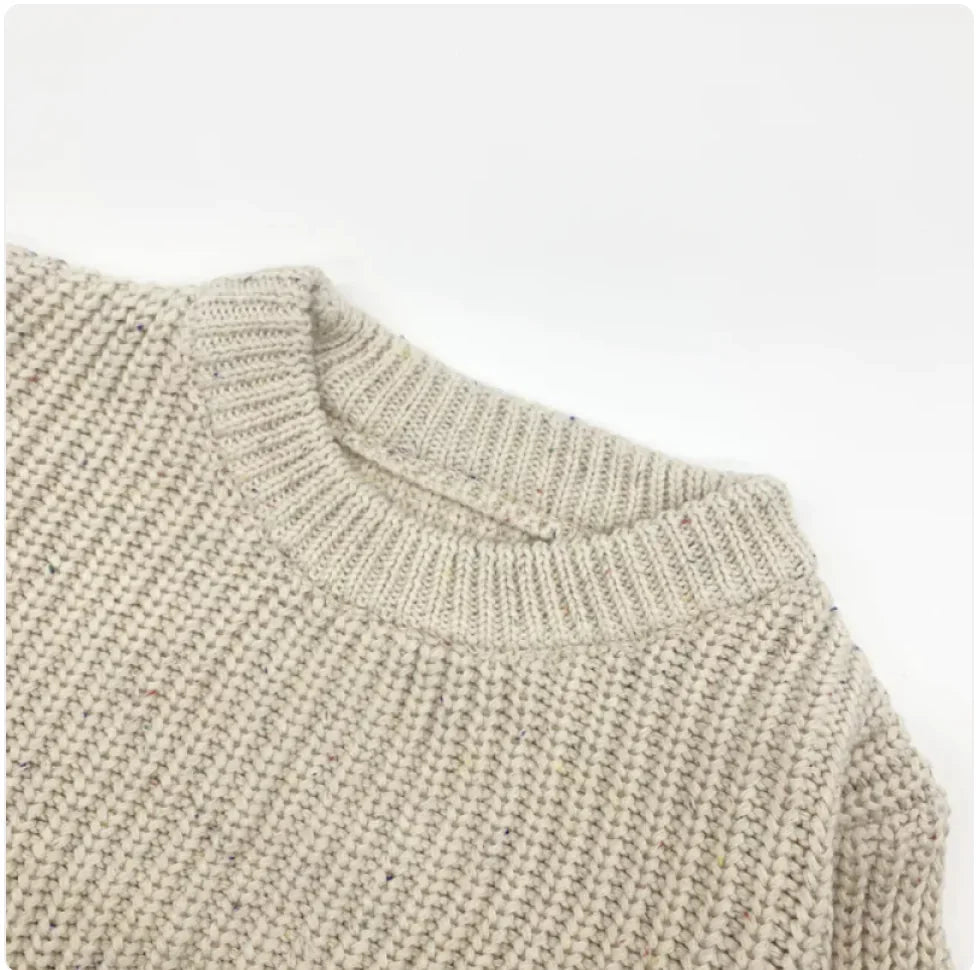 Kids' cotton long-sleeve pullover sweater, speckled knit with ribbed mock neck.