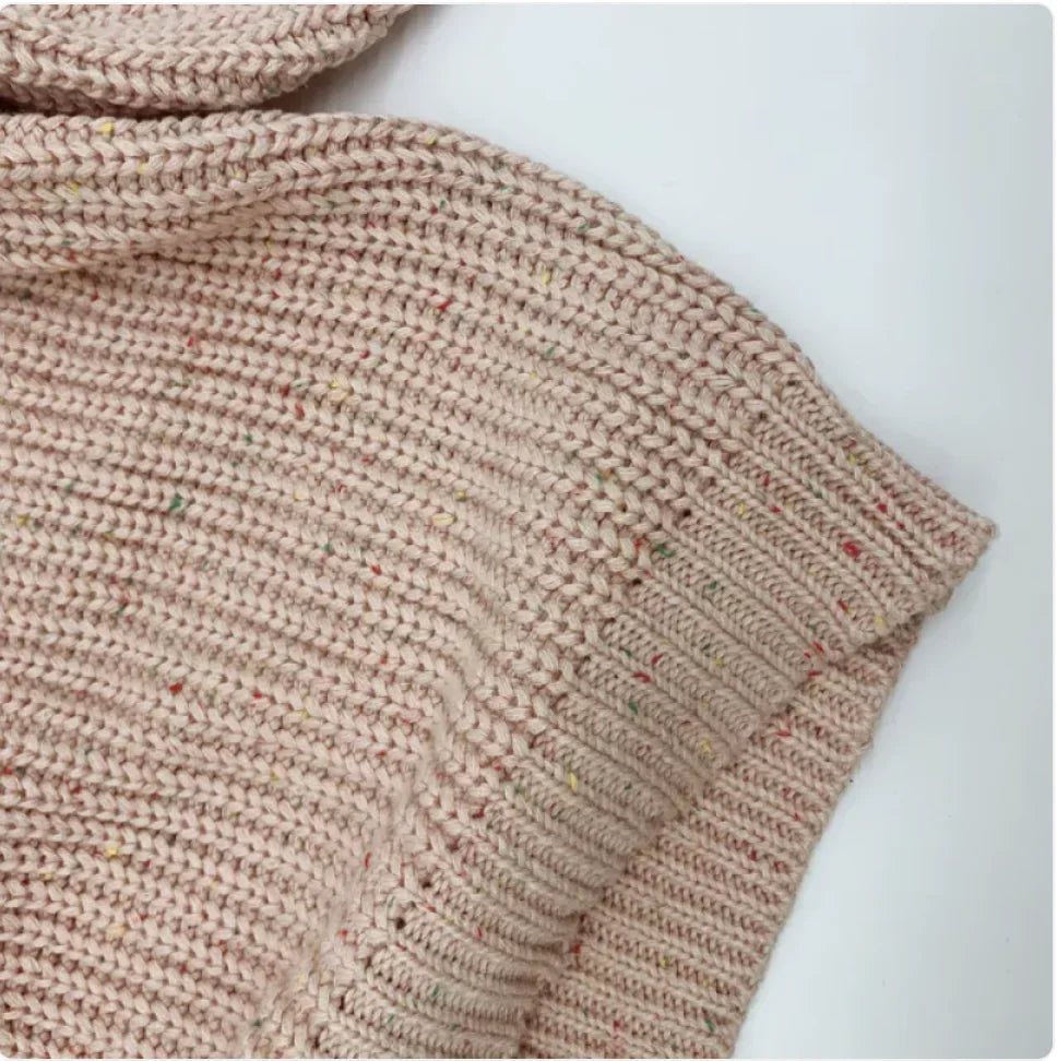 Kids' cotton long-sleeve pullover sweater, ribbed sleeve cuff with speckled knit texture.
