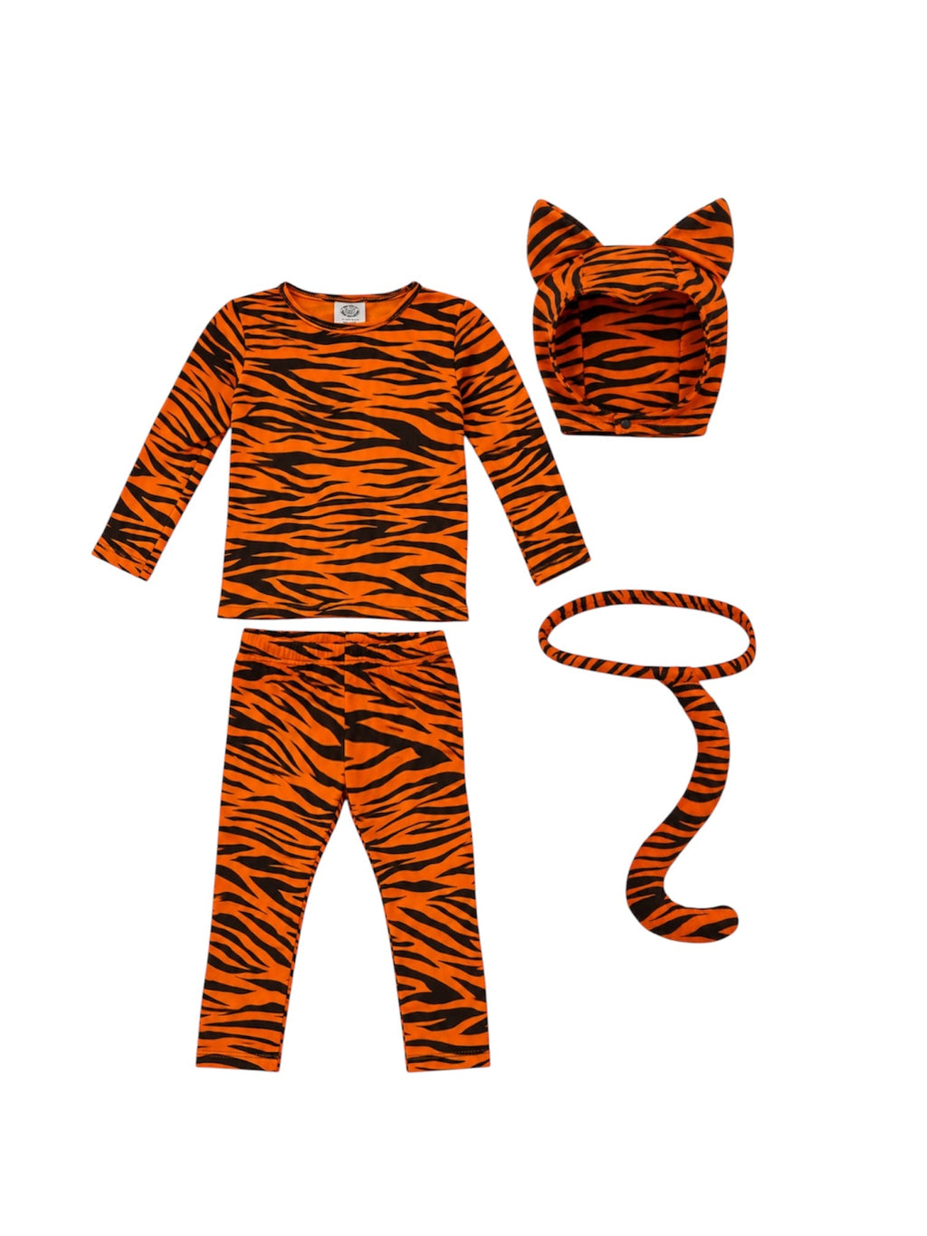 Tiger costume set: long-sleeve top, pants, hood with ears, and tail piece