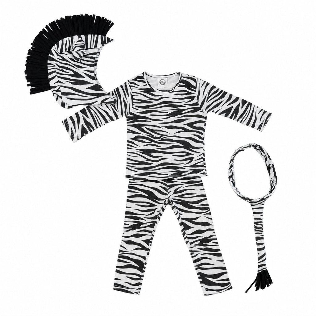 Zebra-print long-sleeve jumpsuit set with headband, tail, and paw-shaped mitts