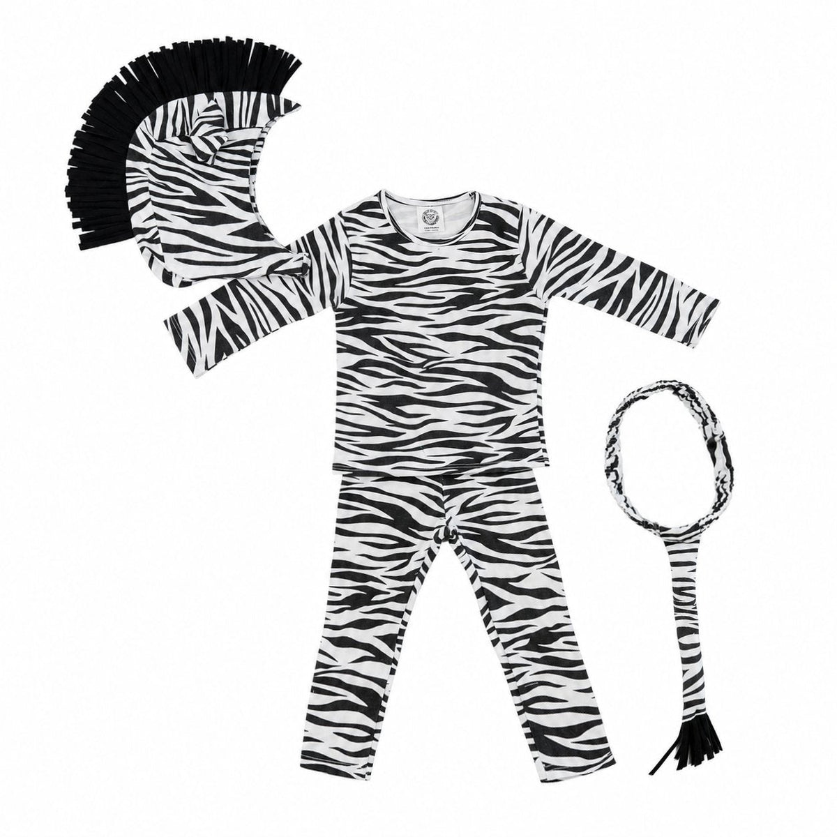 Zebra-print long-sleeve jumpsuit set with headband, tail, and paw-shaped mitts