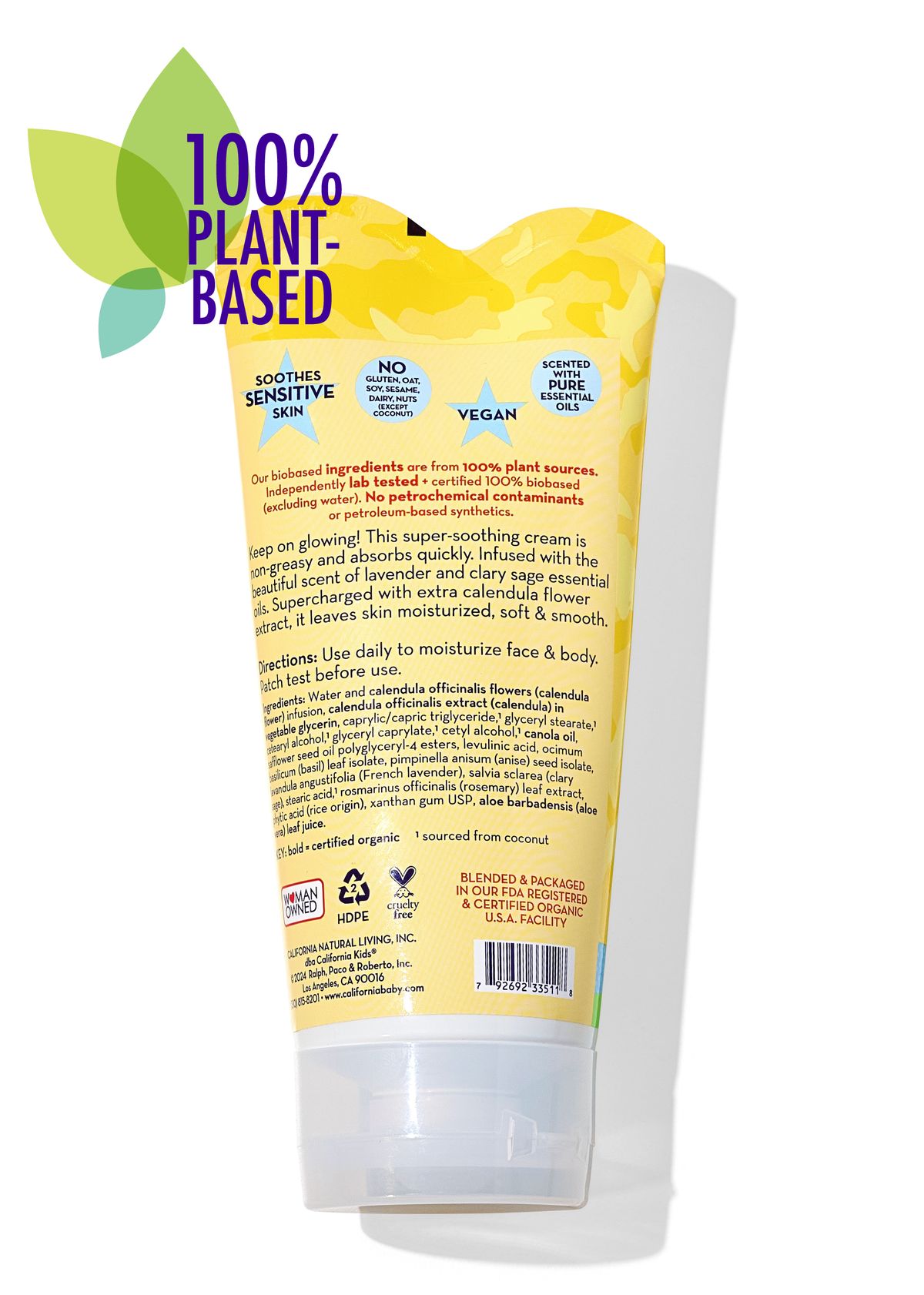 Calendula cream tube back label view with dense printed text and light-blue cap