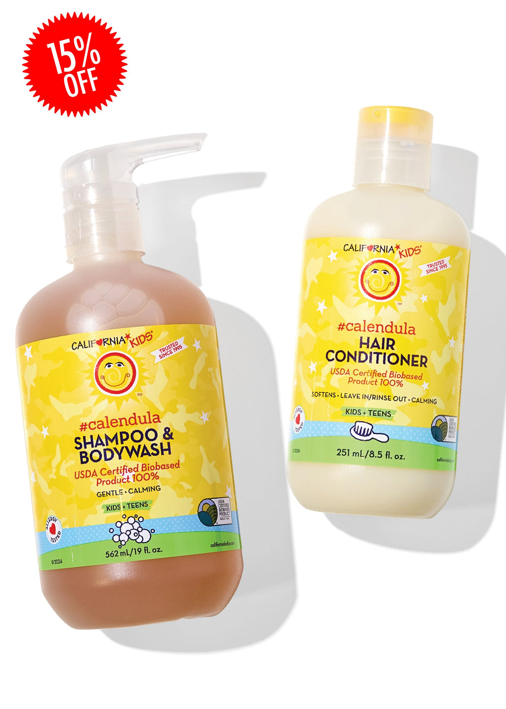 Kids Calendula shampoo & body wash bottle with white pump, amber liquid, yellow label