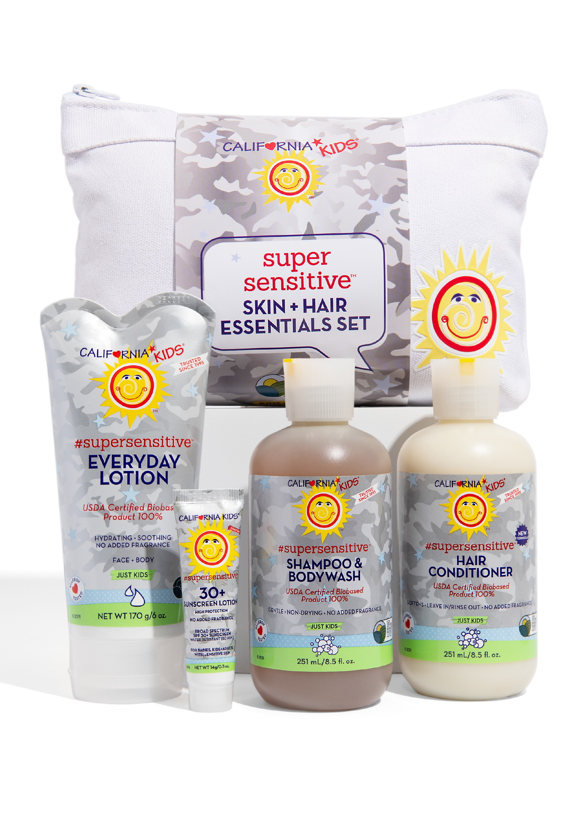 Kids super-sensitive body wash, shampoo, conditioner and lotion bottles with pouch