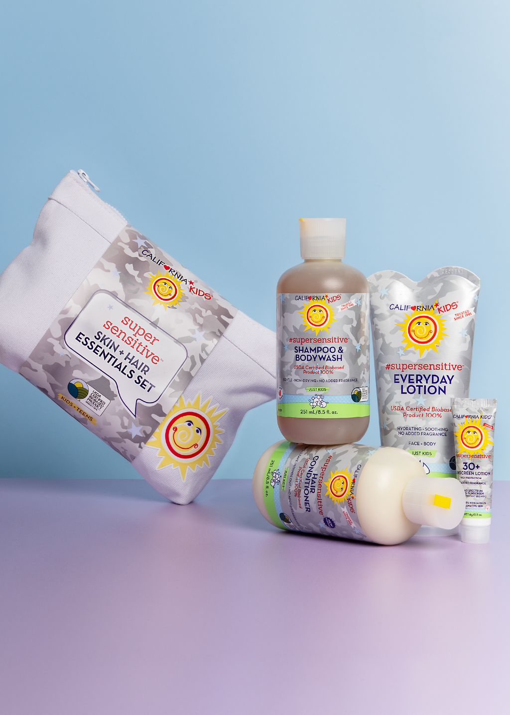 Kids super-sensitive essentials set with tubes, bottles, and refill-size lotion