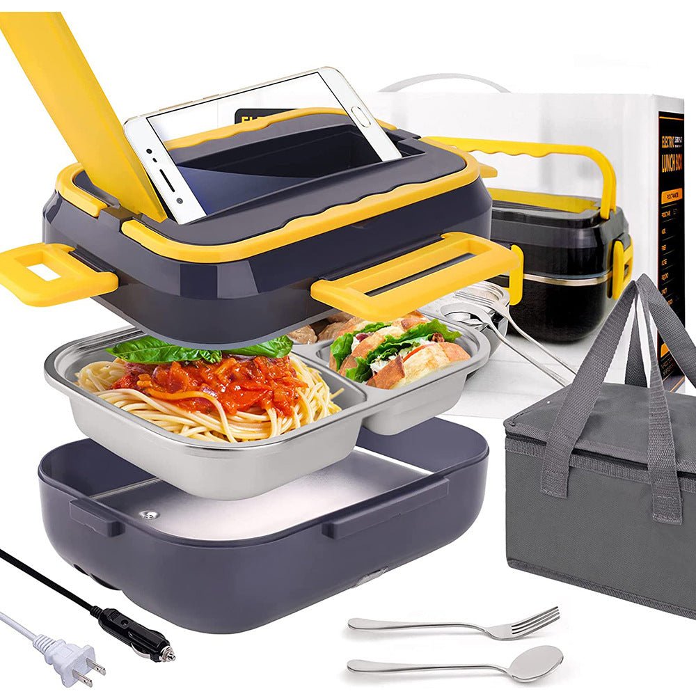 Portable electric lunch box with yellow accents, open lid showing food compartments