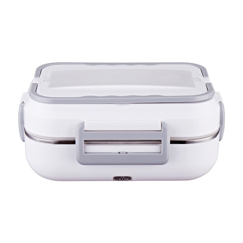 White portable electric lunch box with carry handle and front latch