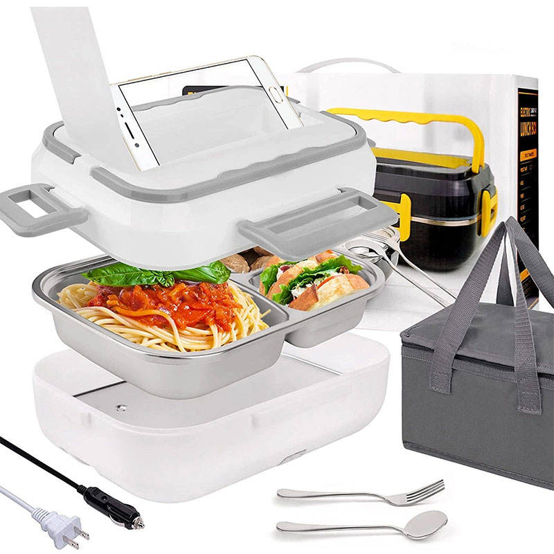 Portable electric lunch box with insulation bag, open lid, utensils and cords