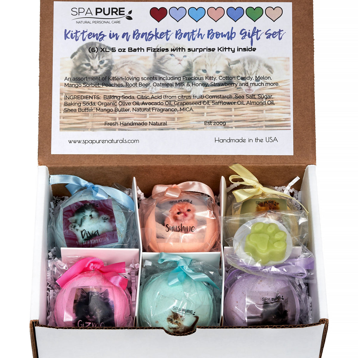 Spa Pure gift set box with labeled card and six wrapped bath bomb bags