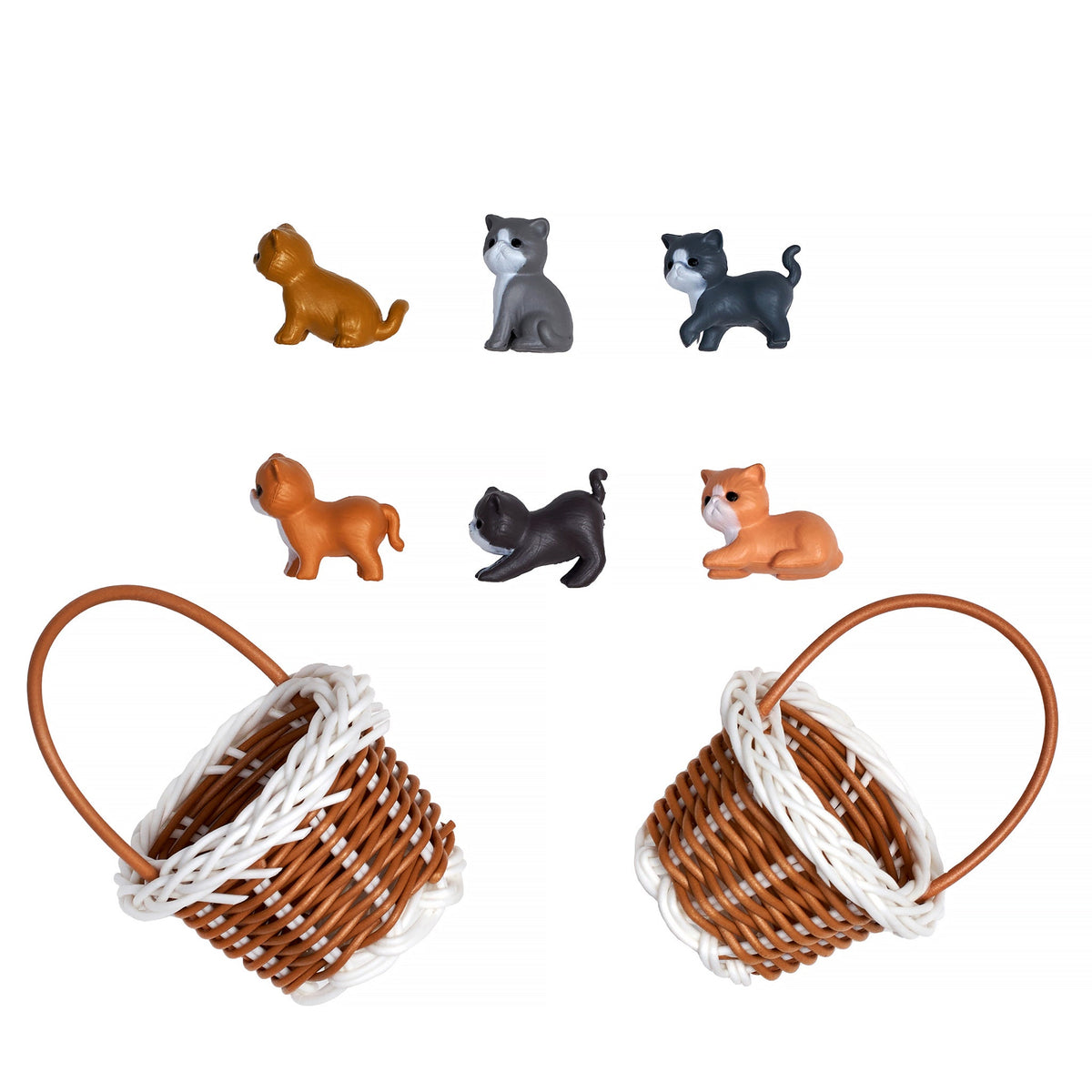 Two mini wicker baskets with multiple small cat figurines