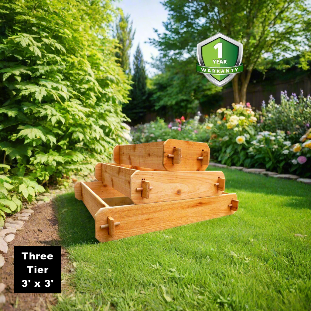 Three-tier raised cedar garden bed planter on lawn with layered compartments and end rails