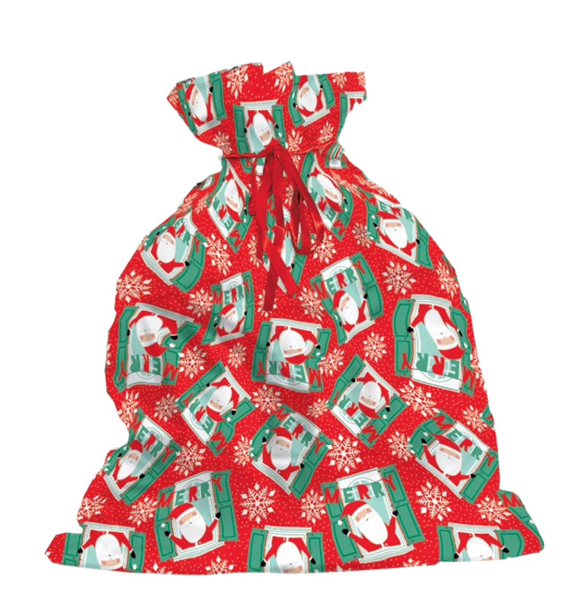 Red and green drawstring gift bag with holiday "Merry" pattern, jumbo size