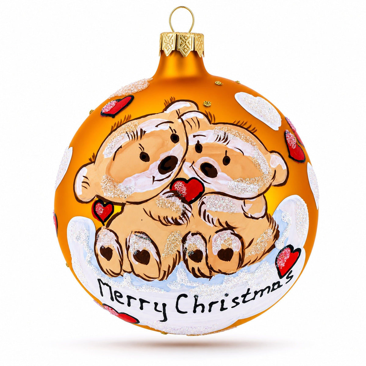 Glass ball Christmas ornament with two bears and 'Merry Christmas' on orange