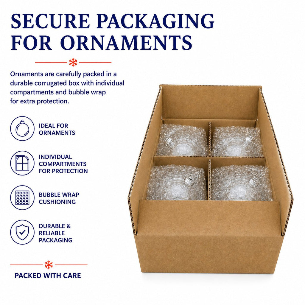 Secure packaging box with six individually wrapped blue matte glass ball ornaments