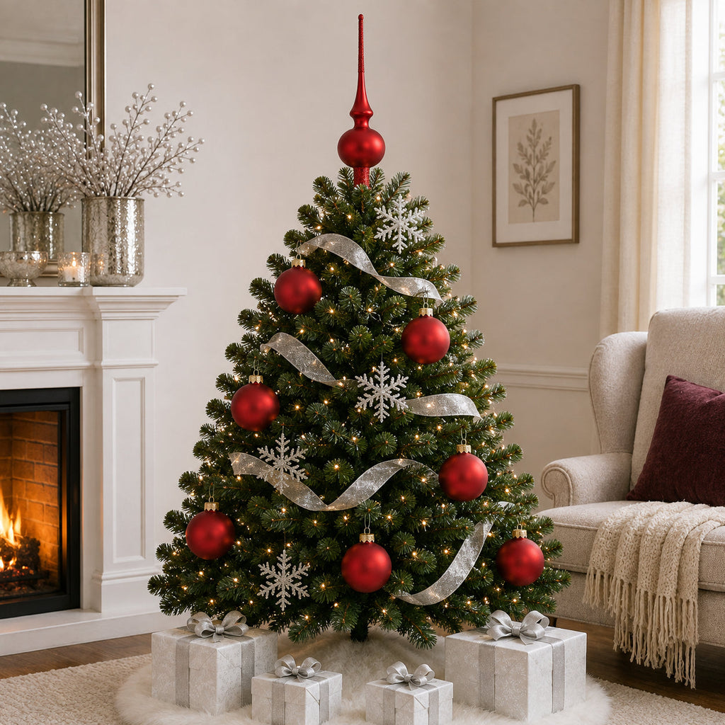 Red matte ball ornaments on a Christmas tree, with gold caps and hanging loops