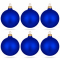 Set of 6 blue matte glass ball ornaments with gold caps and hanging loops