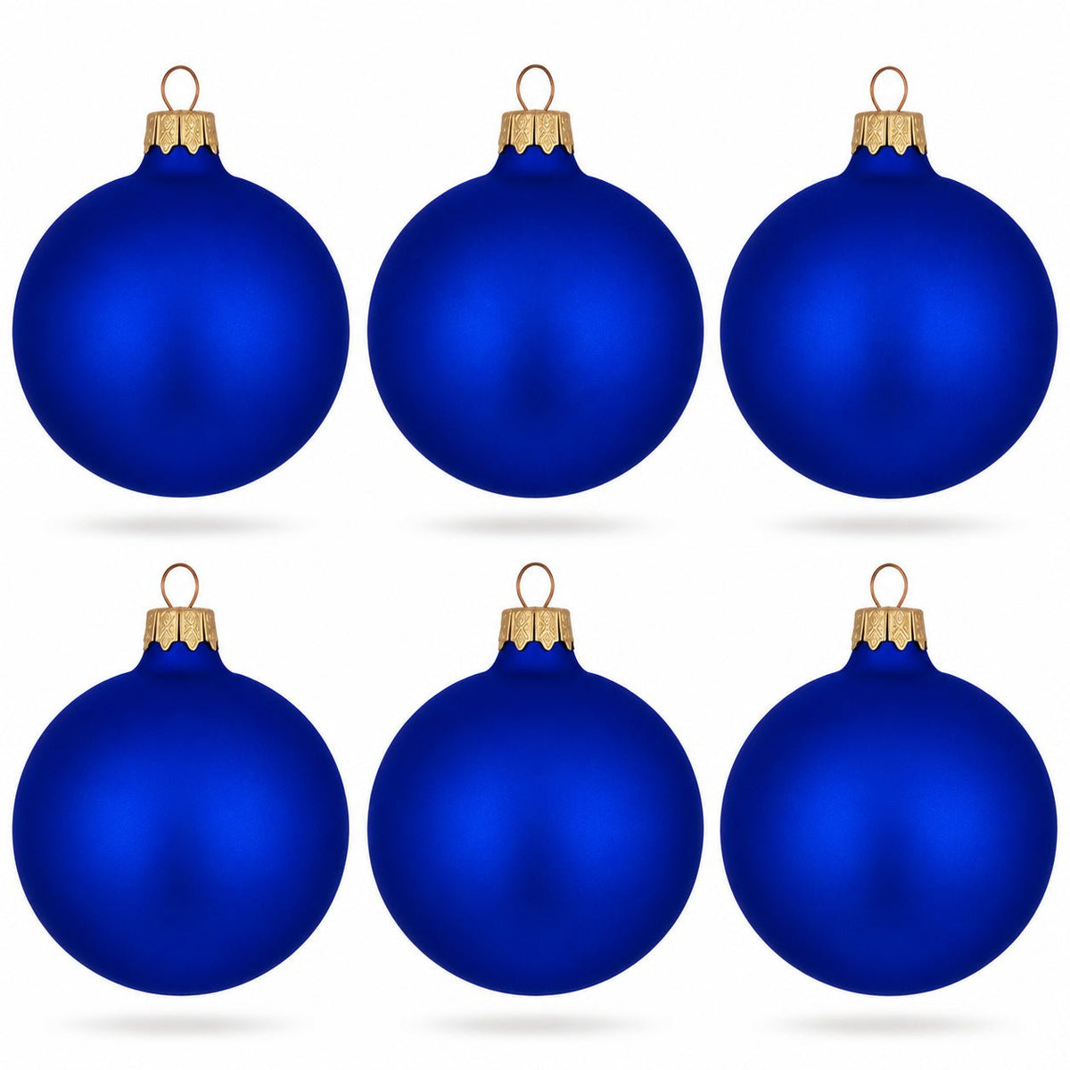 Set of 6 blue matte glass ball ornaments with gold caps and hanging loops