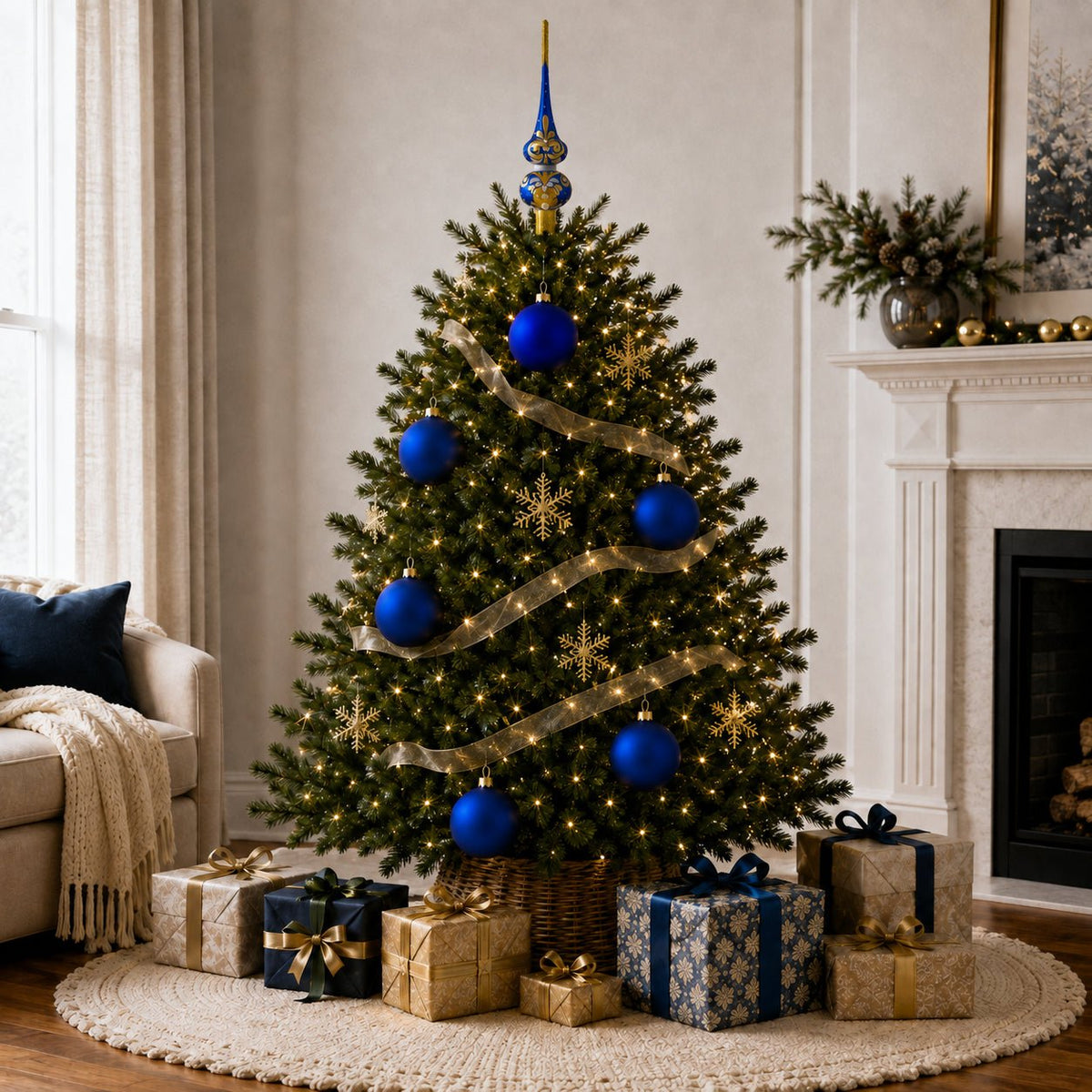 Blue matte glass ball ornaments on Christmas tree, gold-capped hanging balls