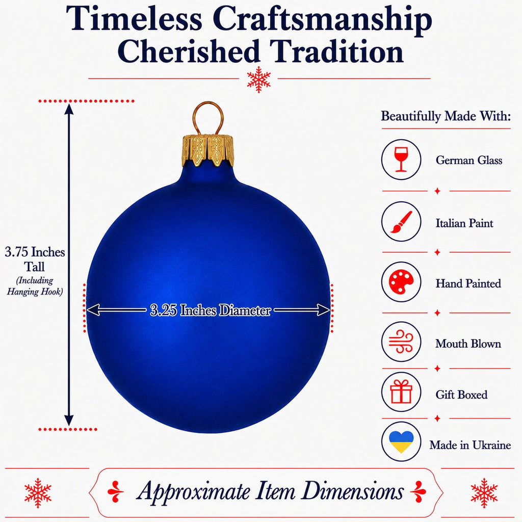 Blue matte glass ball ornament with gold cap, size diagram layout
