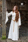 Off-white under dress with trumpet sleeves and waist tie, long skirt.