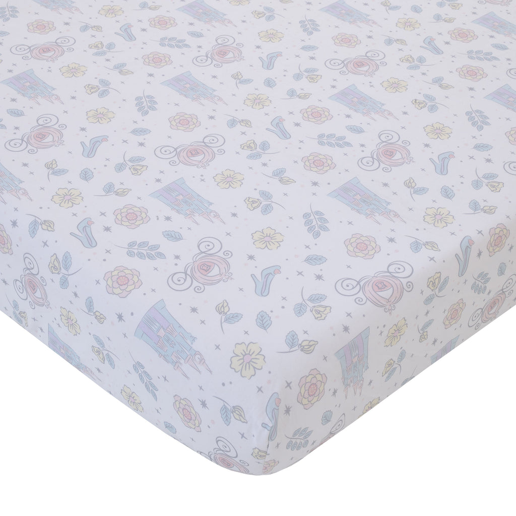 Light blue and pastel all-over crib sheet with princess, stars, and floral pattern