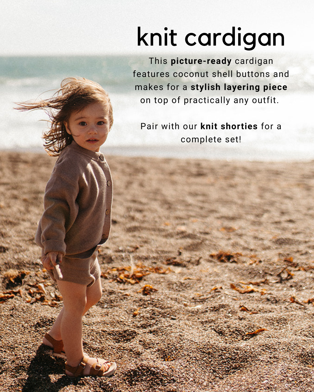 Muted brown knit cardigan with button front and long sleeves, hooded style