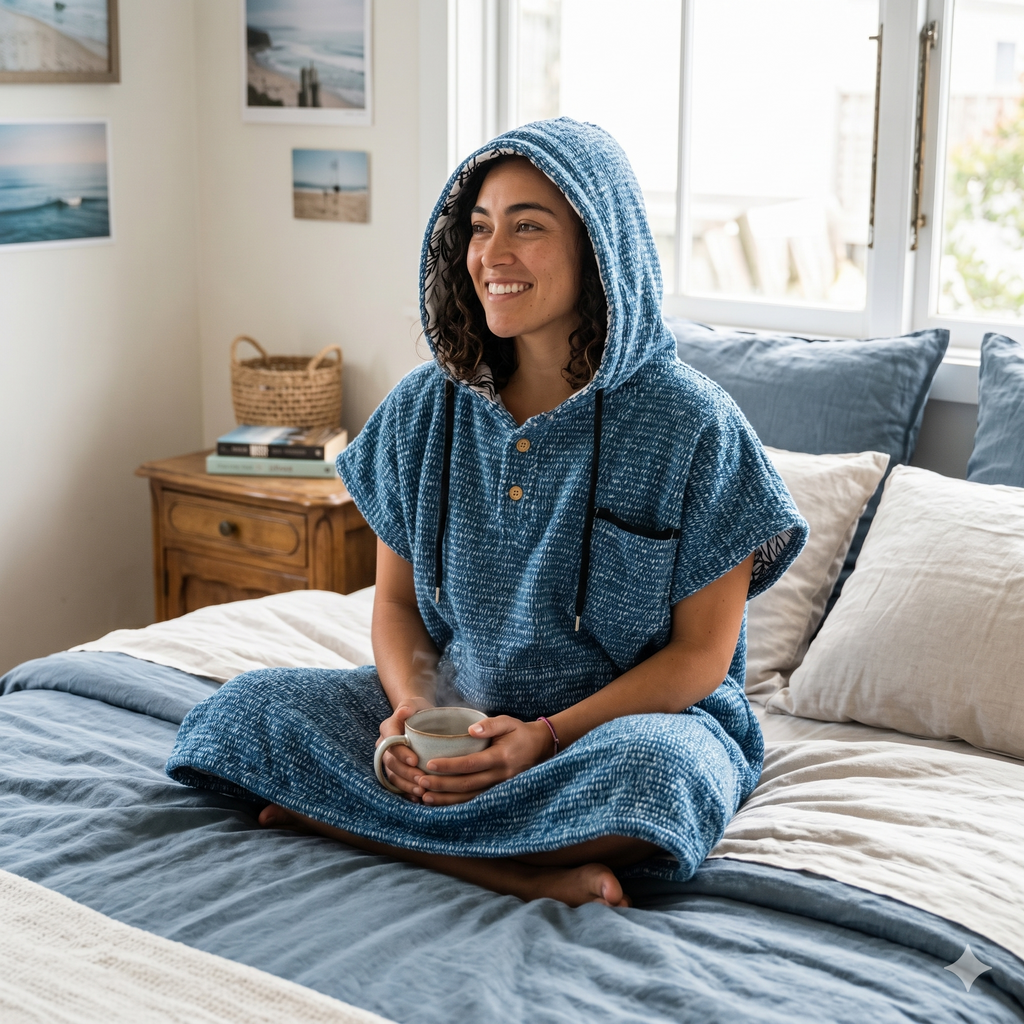 Blue wearable blanket hoodie with hood, short sleeves, and front pocket