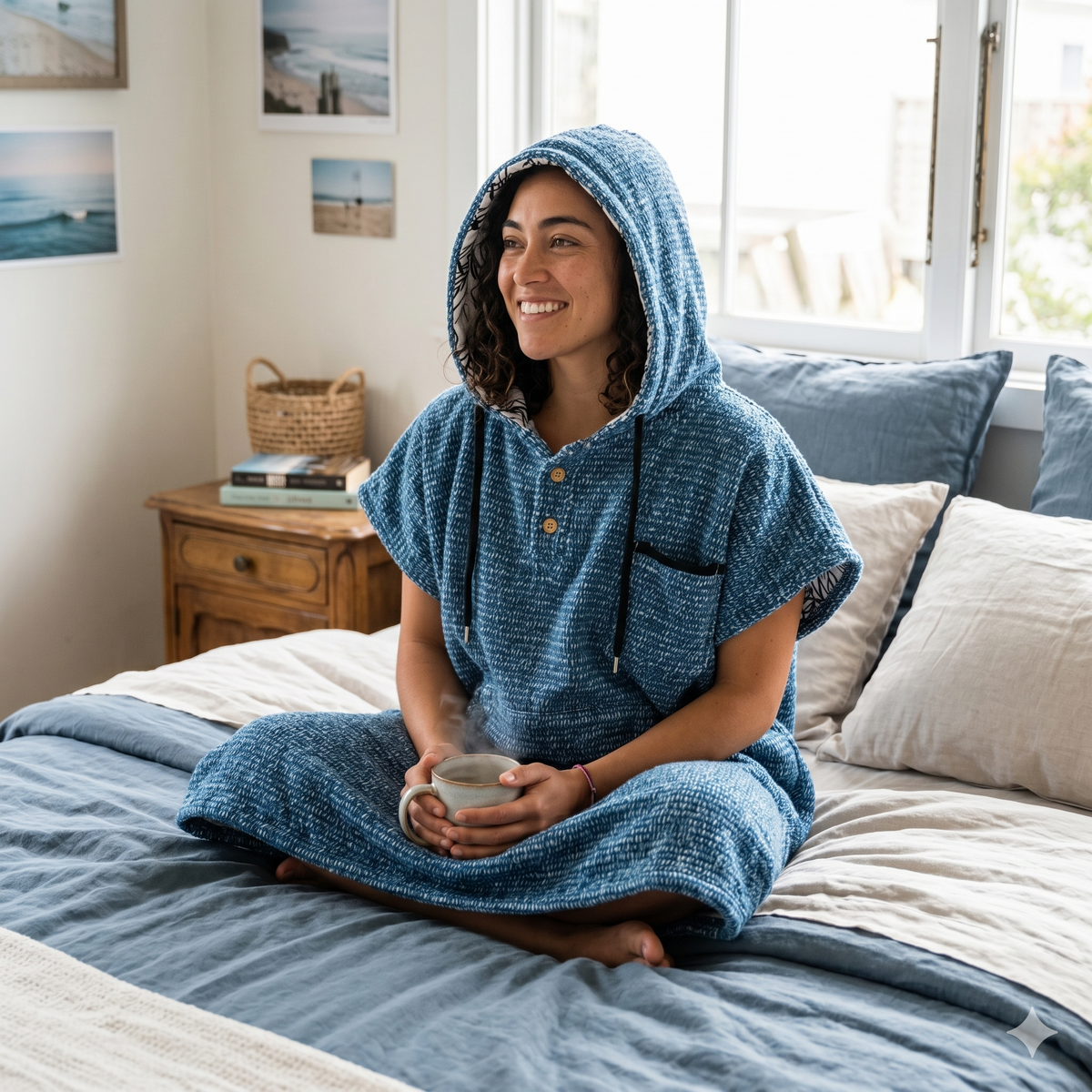 Blue wearable blanket hoodie with hood, short sleeves, and front pocket