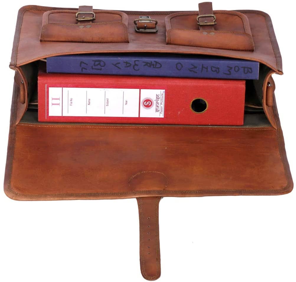 Open leather briefcase showing document compartments and flap interior pockets.