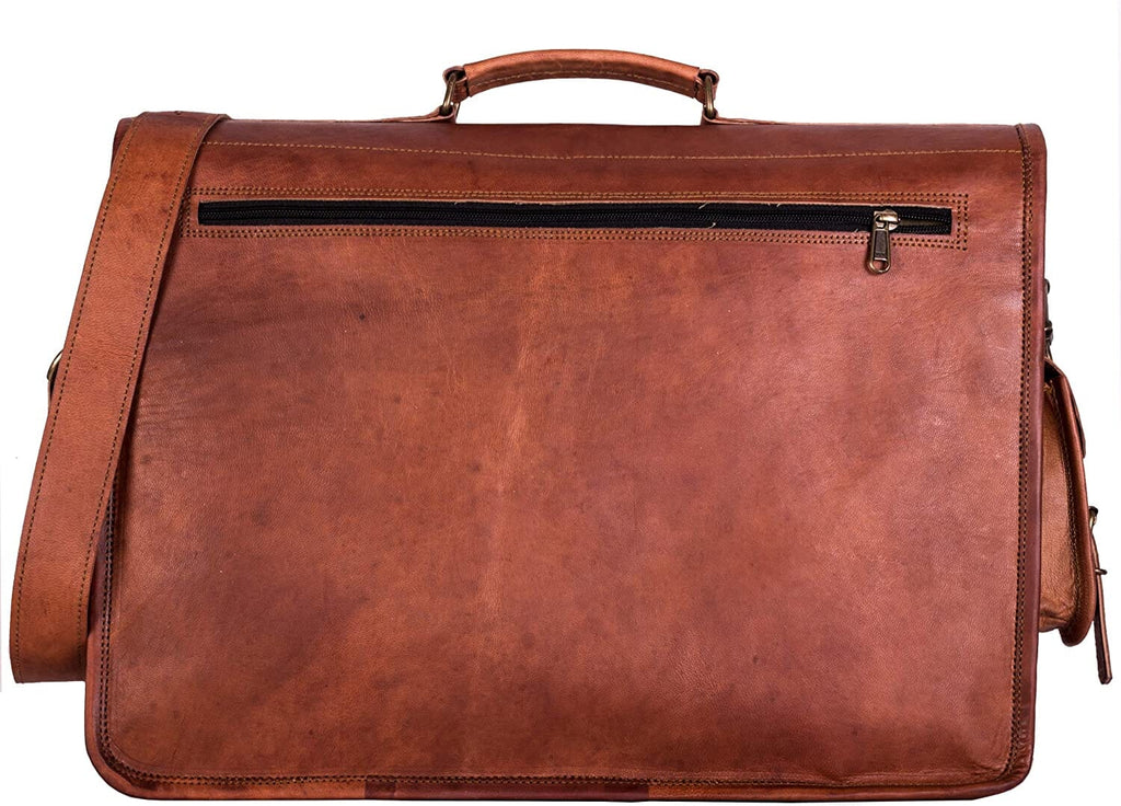 Rectangular leather briefcase with top handle, front zipper pocket, and shoulder strap.