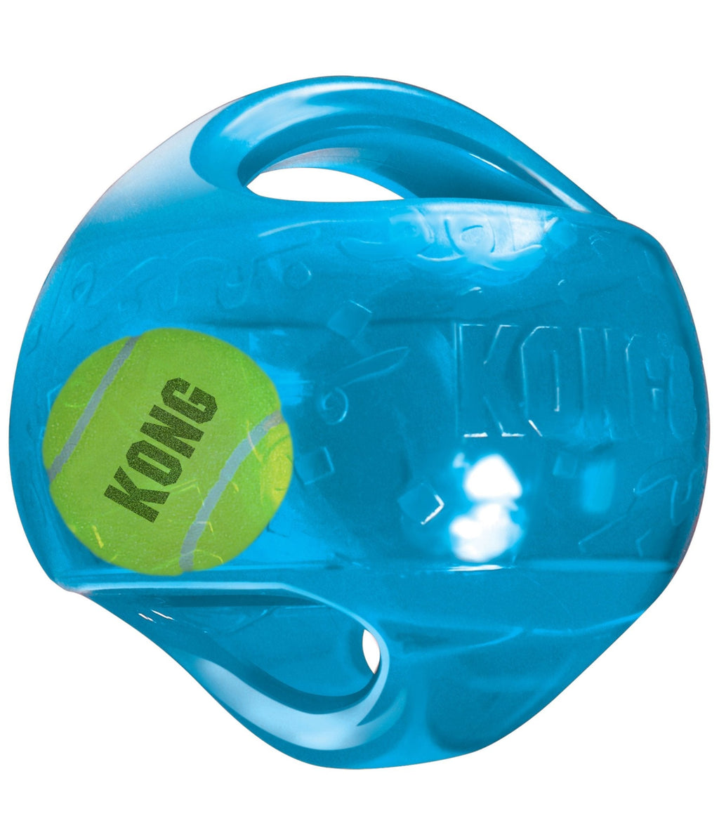 Blue KONG Jumbler Ball squeaker dog toy with handle loop and tennis-ball insert