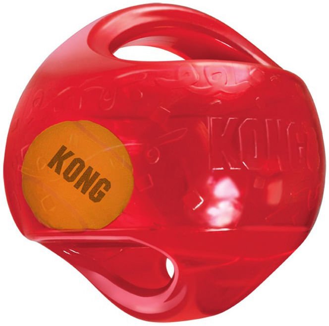 Red KONG Jumbler Ball squeaker dog toy with handle loop and orange tennis-ball insert