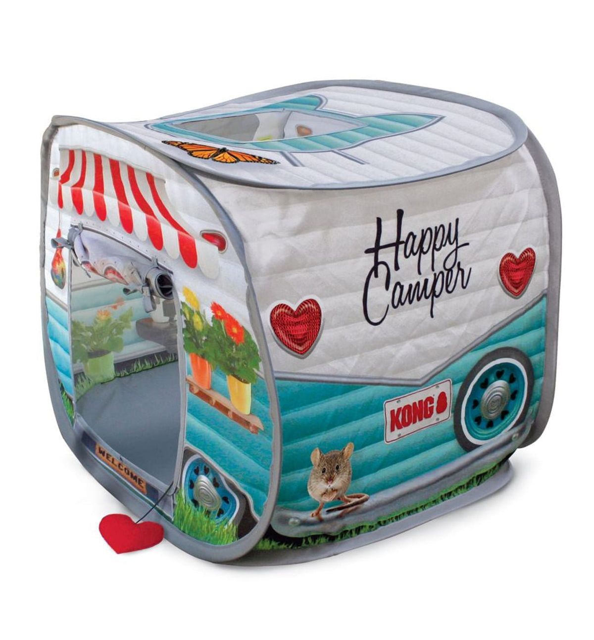 KONG cat pop-up camper toy tent, white and blue with Happy Camper text and heart windows