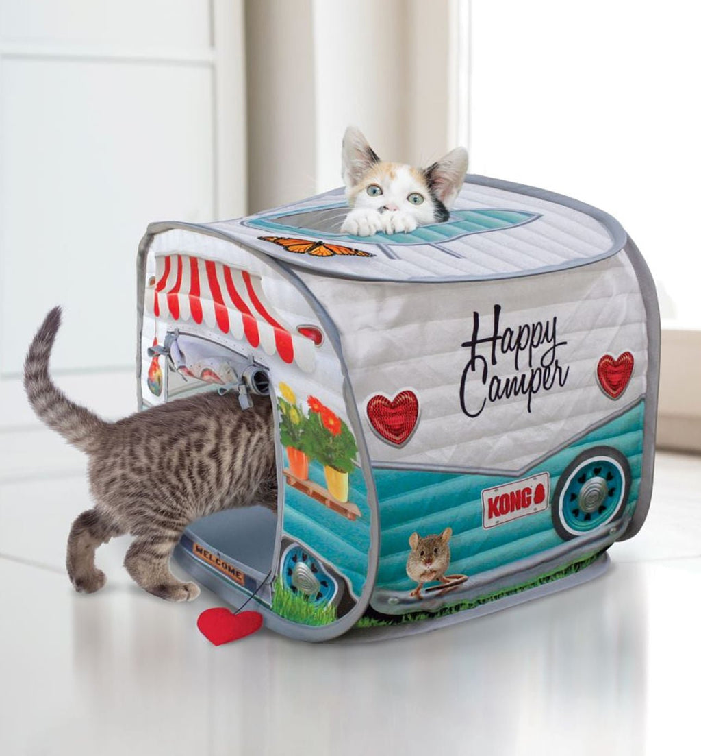 KONG cat pop-up camper toy tent with Happy Camper print and heart openings, cat inside